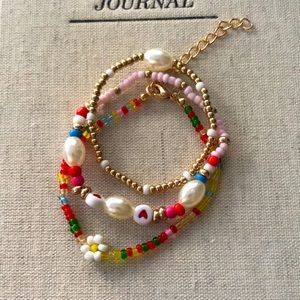 3 piece set flower beaded bracelet anklet